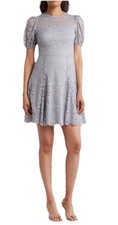 Vince Camuto Floral Lace Dress Sz 6 Puff Sleeves Gray Scalloped Hem Party Modern