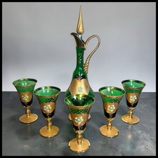 Vintage Venetian Tre Fuochi Gilded Emerald Green Glass Decanter/Goblets Set