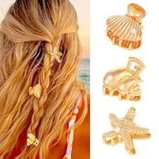 3 PCS Starfish Hair Clips Gold Small Metal Claw Mini Shell Beach Accessories