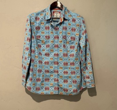 Panhandle Rough Stock Shirt Womens 1X Blue Geometric Pearl Snap Southwest Aztec