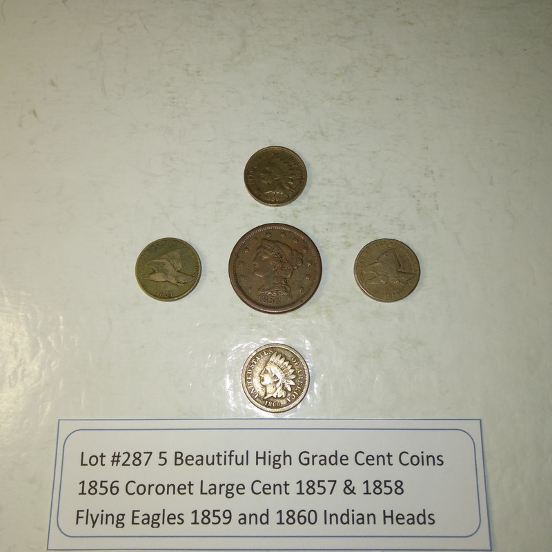 Lot #287 5 Penny Coins 1856 Coronet- 1857 & 1858 Flying Eagles 1859-1860 Indians