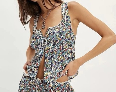 Free People Ellia Smocked Floral Ruffle Top Primary Combo Size M NWOT Summer