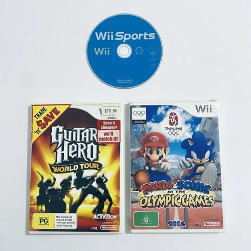Nintendo Wii Games Bundle Lot Guitar Hero Wii Sports Mario & Sonic (Case)