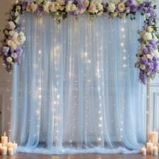 10x10ft Blue Tulle Backdrop Curtain, Lights String, Sheer Photo Drapes, Party