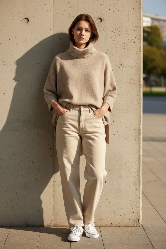 Boden M 10 - 12 Beige Neutral 100% Wool Oversized Roll Neck Sweater Jumper