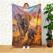 Elephant Mother and Calf Savanna Sunset Coral Fleece Blanket