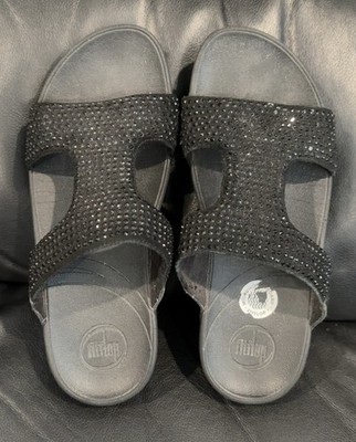 FitFlop Rokkit Crystal Slide Sandals Womens Black Slip On Rhinestone Size 7