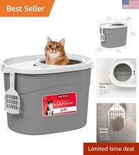 Elegant Large Top Entry Cat Litter Box with Lid Odor Control, Grey/White