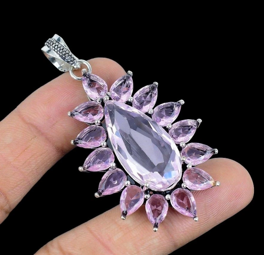 Colgante de joyería de plata de ley 925 hecho a mano con piedras preciosas de kuncita rosa Foto 3 de 4