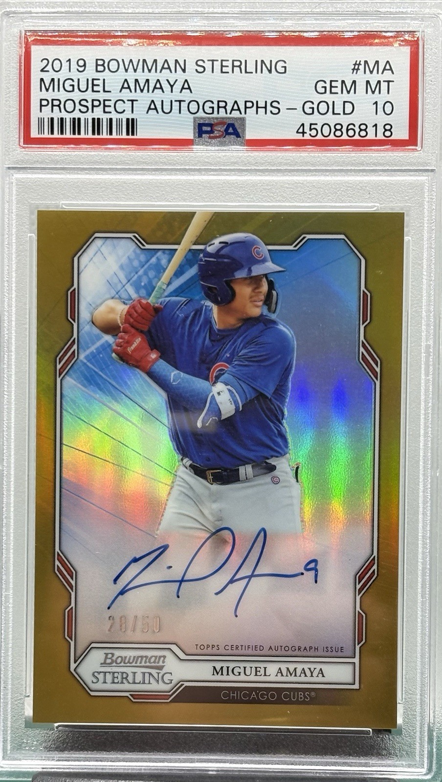 2019 Bowman Sterling Prospect Autograph Miguel Amaya Gold Refractor /50 (AU, RC)