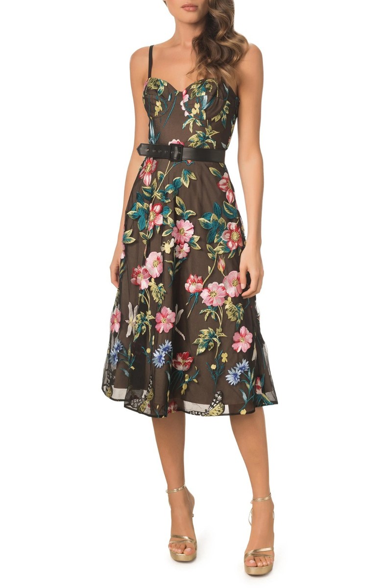 Dress the Population Carlita Womens Floral Embroidery Bustier Midi Dress  Black L