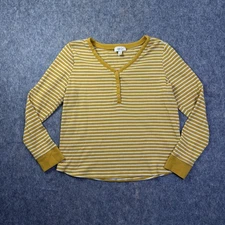 Style & Co Henley Thermal Shirt Women's 2XL Yellow Stripe V-Neck L/S Waffle Knit