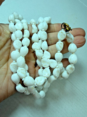 Vintage Necklace Miriam Haskell White Glass Milk Bead 58 inches Signed
