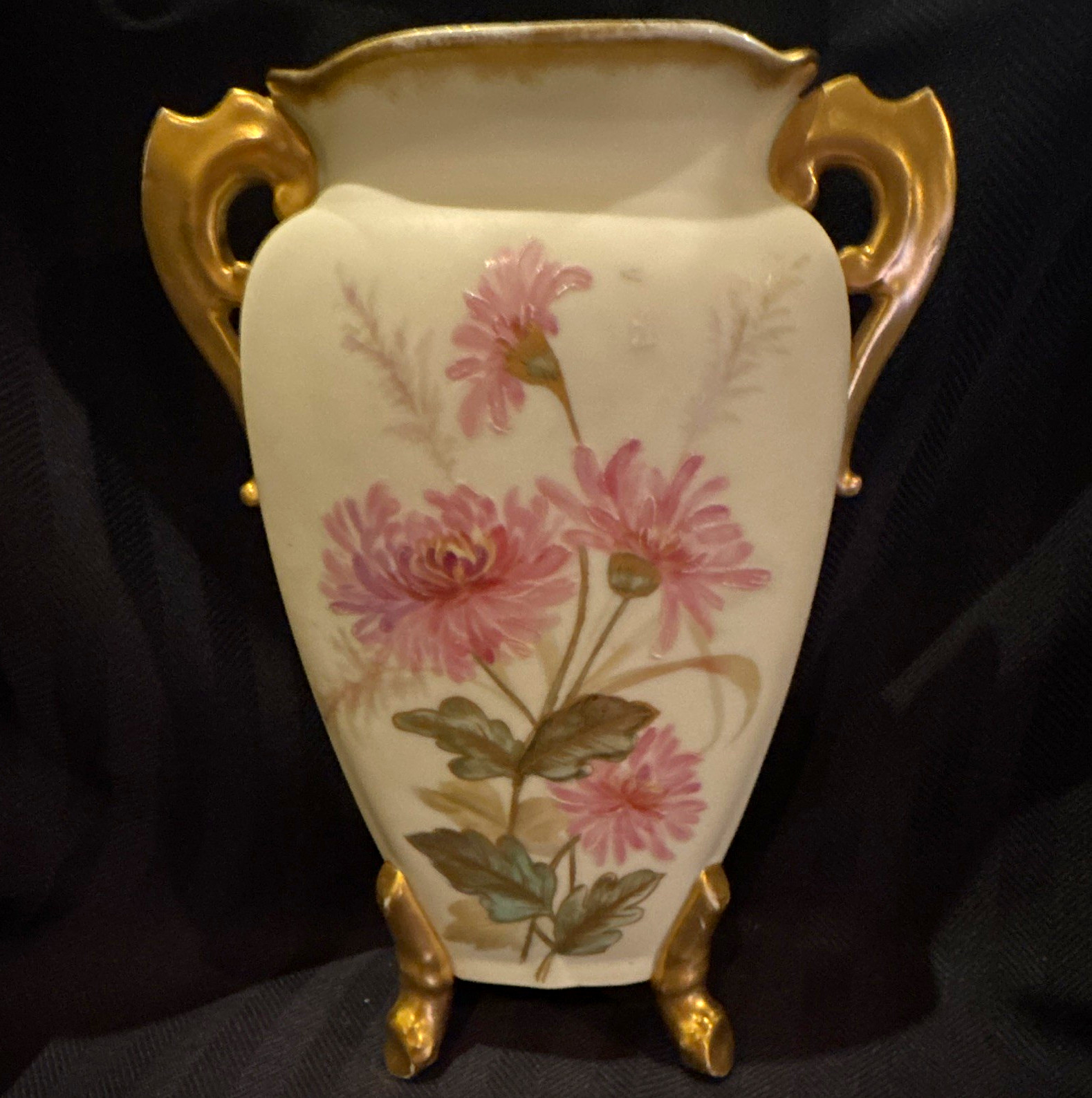 Martial Redon Limoges Floral Vase Pink, Gold Double Sided/Handled 7in