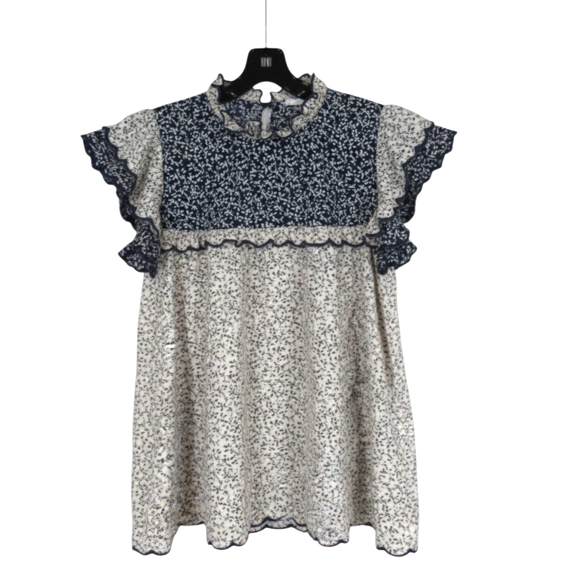THML NAVY/White FLORAL PRINT Crepe FLUTTER SLEEVES Scalloped Trim BLOUSE/TOP S