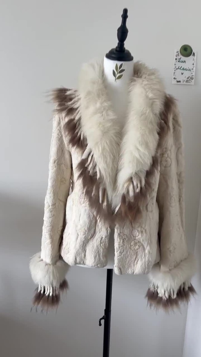 Vintage Cream White Real Rabbit Fur Jacket w Fox Fur Collar