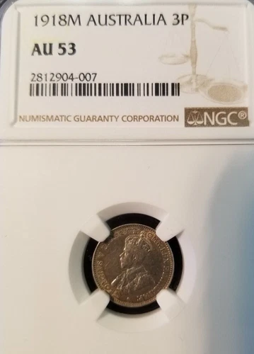 1918 M AUSTRALIA 3 PENCE 3P GEORGE V NGC AU 53 SCARCE COIN IN HIGH GRADE