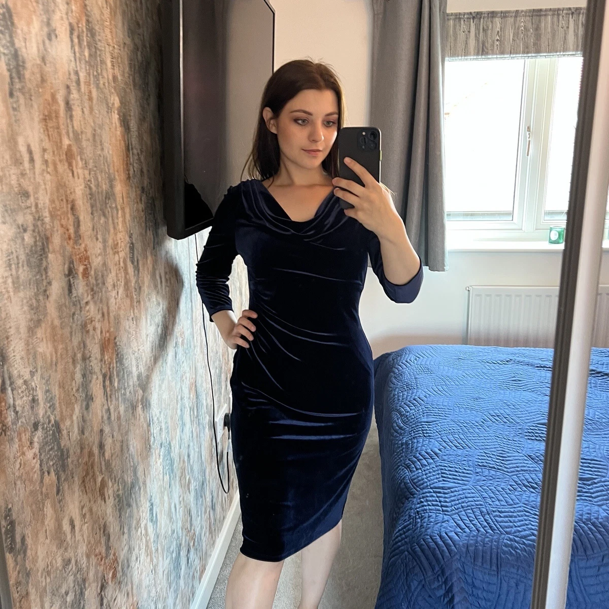 Navy Blue Dress Velvet Bodycon Evening Cocktail Party Dress Size 40 | eBay
