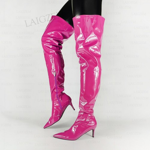 Women Over Knee High Boots Side Zip Mid Heels Shiny Boots Ladies Shiny Shoes - Picture 10 of 13
