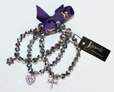 NWT -  J JEWELS set of 3 stretch glass bead CHARM BRACELETS HEART-FLOWER-FIREFLY