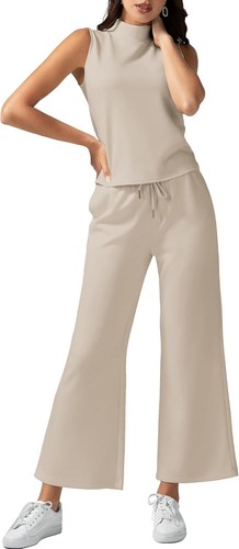 Two Piece Sets Women Summer Lounge Mock Neck Tops Wide Leg Crop Pants Outfits - Picture 50 of 180