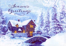 Cottage and Stone Bridge in Winter Designer Greetings Christmas Card