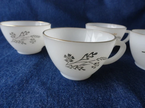 4 Vintage Federal Meadow Gold Cups Floral White Milk Glass 2 Sets Available