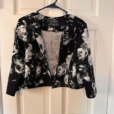 Jessica Howard Floral Print Blazer Open Front Career Jacket Black White Size 14