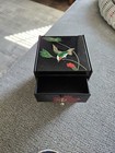 Vintage Black Lacquer Mirror Jewelry Box 3 Drawers Floral Bird Design Asian Box — photo 7