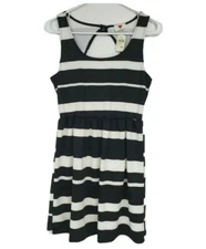 One Clothing Womens Large Dress Sleeveless Sheath Black White Striped Open Back