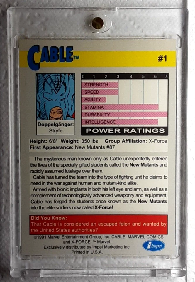 1991 Marvel Black Boarder  X-Force Card 1 CABLE. FREE ONE-TOUCH-HOLDER - Image 2 of 2