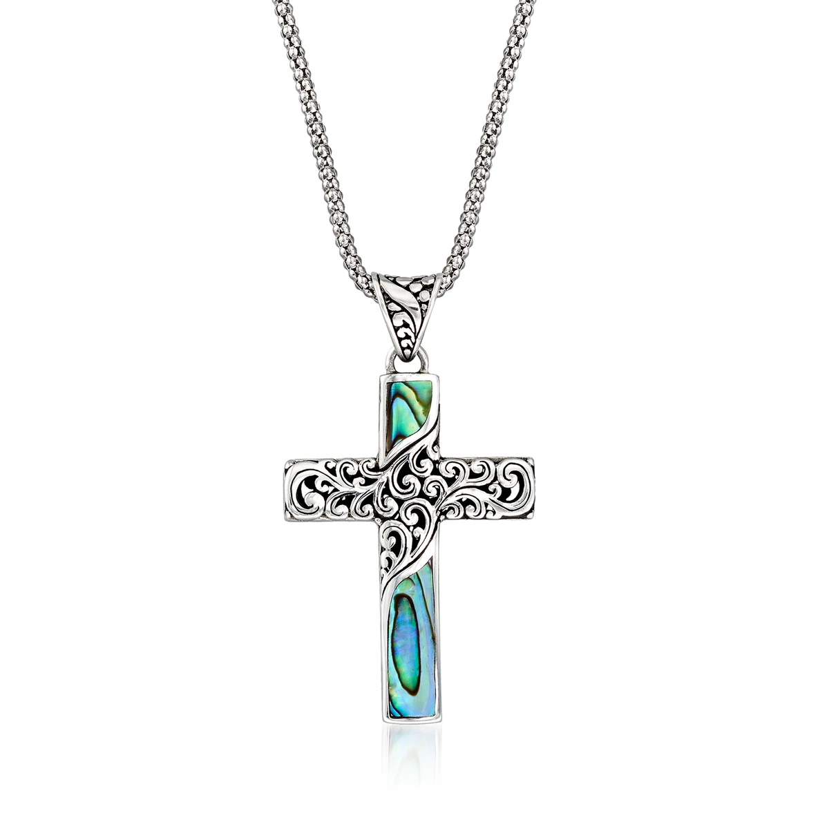 Abalone Shell Bali Style Cross Pendant Necklace in Sterling Silver