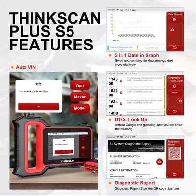 ThinkScan Plus S5 OBD2 Scanner – ABS SRS Code Reader, 5" Touchscreen, Lifetime Free Updates, 126+ Car Models
