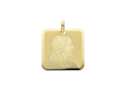 18K YELLOW GOLD PENDANT SQUARE MEDAL JESUS FACE