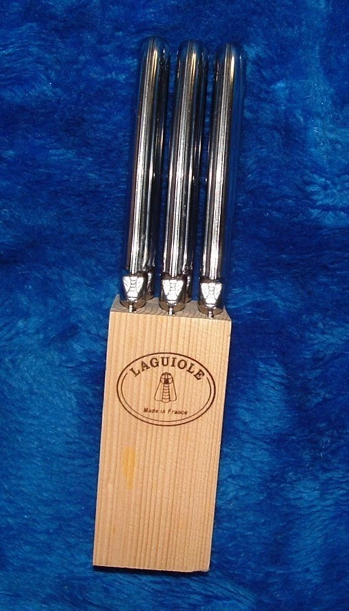 Jean Dubost Laguiole Six Piece Stainless Steel Steak Knife Set + Wood Block