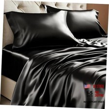 Satin Sheets Size Bed Set, 4 Pieces Queen Black