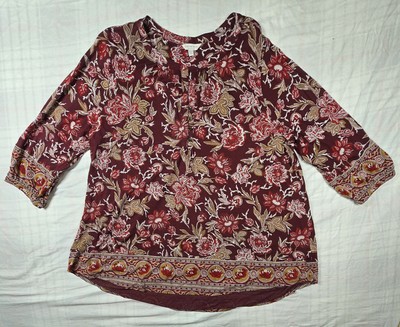 Lucky Brand Womens Blouse Top Popover Paisley Floral 3/4 Sleeve Viscose Red 2X