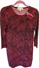 MICHAEL KORS  RED PLAID GRID PRINT SLINKY LOGO ZIPPER SHOULDER SHIFT DRESS SZ S