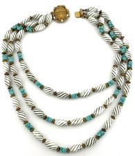 Vintage Glass Bead Necklace 3 Strand White Green Swirl Turquoise 18"