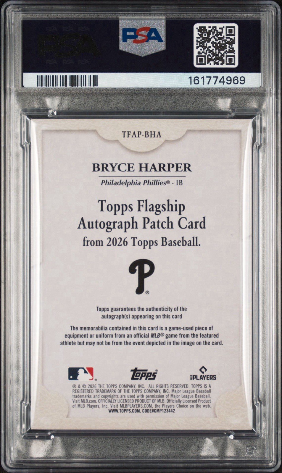 Pop 1 Topps 2026 Bryce Harper Flagship patch/auto-Bronze /25 PSA 9 view 4