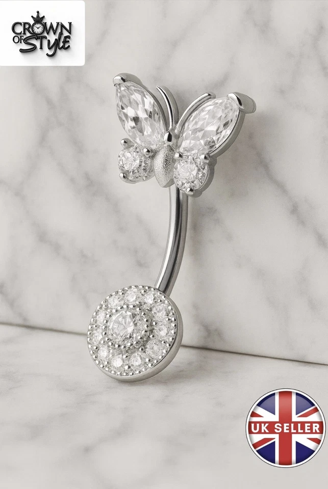 925 Sterling Silver Butterfly Belly Bar – Diamond CZ Navel Piercing Jewellery  - Image 3 of 4