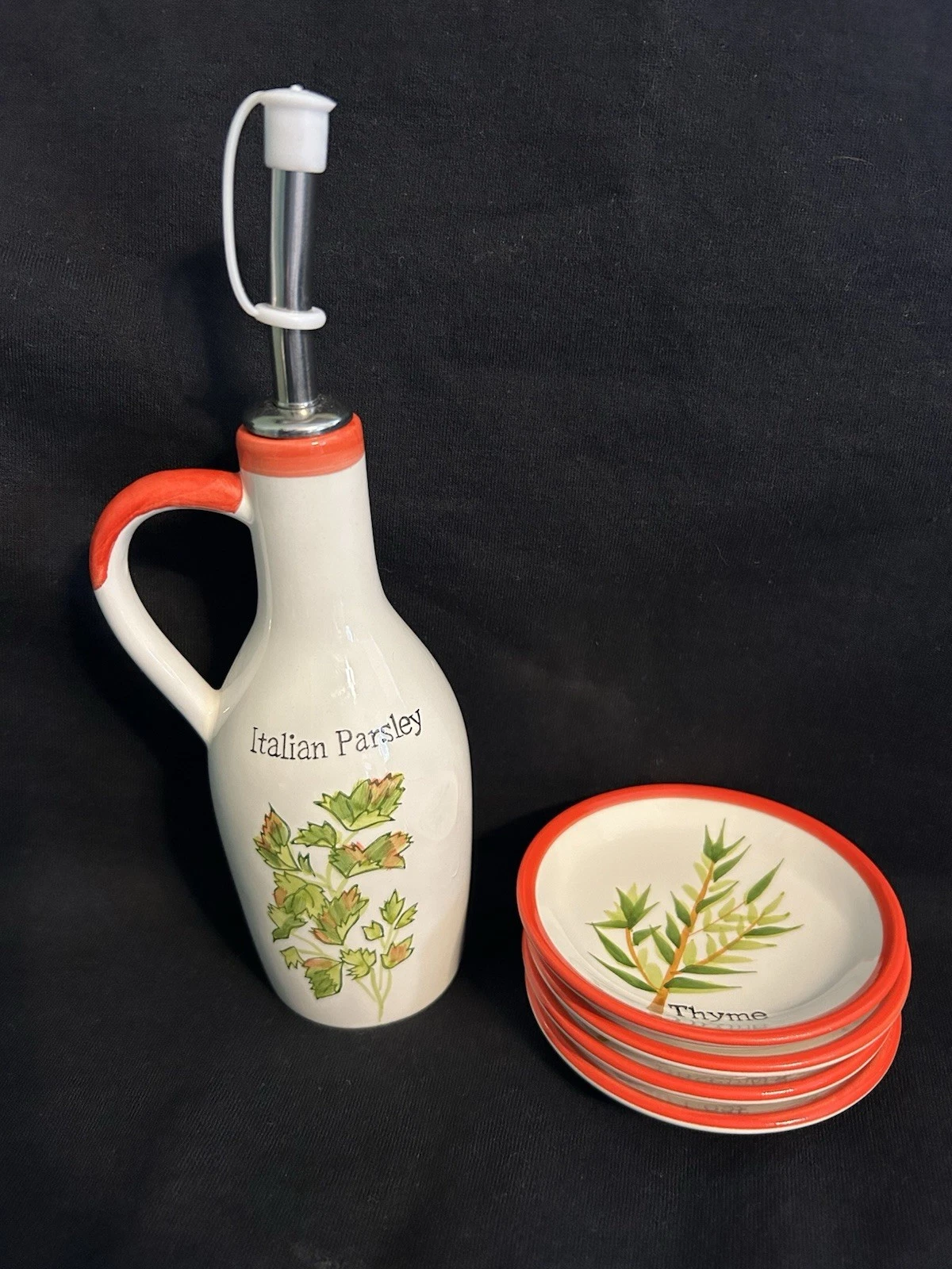 Italian Style ceramic oil dispenser bottle and matching dipping bowls