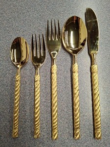5pc Vtg GOLD Elec Plated Over Stainless Rope Twist Handle set As Shown. NICE!!
