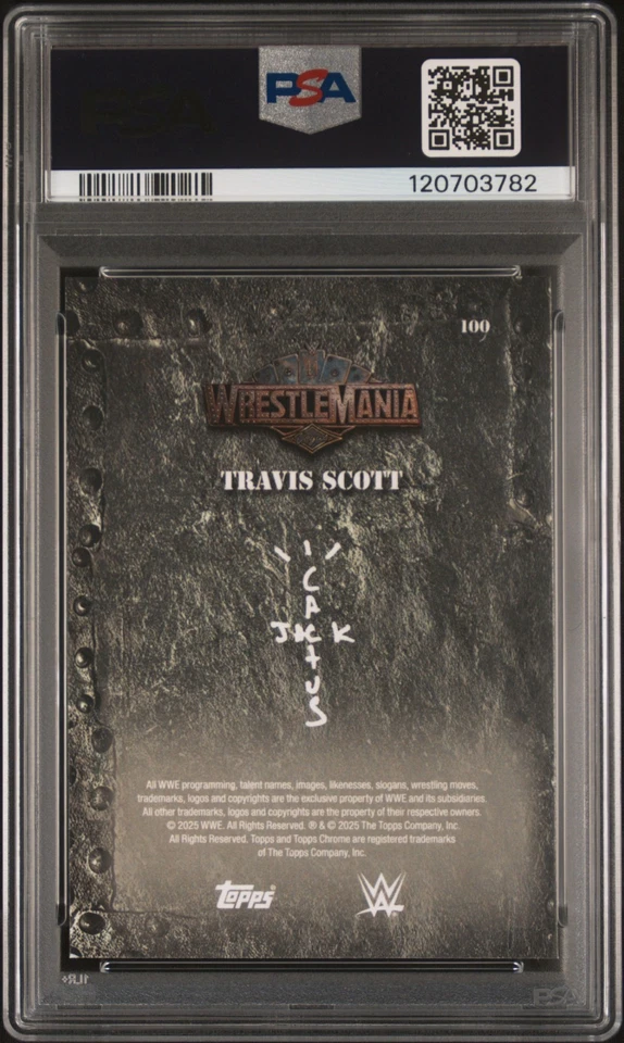 Travis Scott 2025 Topps Chrome WWE Cactus Jack Wrestlemania #100 PSA 10 Gem Mint - Image 2 of 3