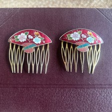 Vintage Cloisonne Enamel Hair Combs Featuring Butterfly And Floral Design