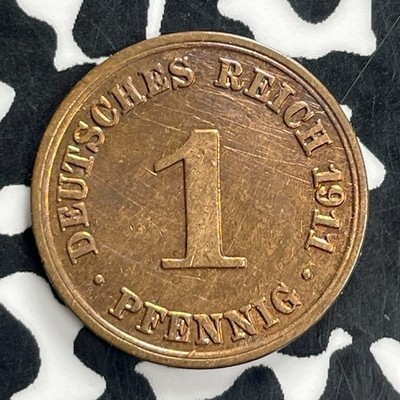 1911-A Germany 1 Pfennig Lot#C4016 Beautiful Detail, Cleaned