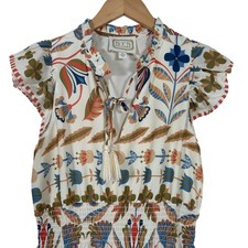 Sail to Stable STS Midi Dress XS Cream Geo Floral Smocked Waist Tiered Lined
