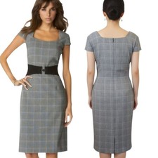 TAHARI ASL Grey Plaid Capped Sleeve Sheath Dress - Size 14