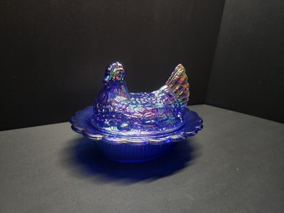 Mosser Cobalt Blue Carnival Full Size Glass Hen on Nest with