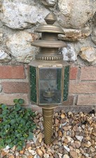 Antique Carriage/Coach/Automobile Lantern Lamp Brass & Ornate Green Glass Panels